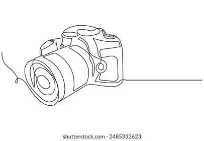 Camera single linear drawing. One line photography tool, minimal logo icon, fine line tattoo. Vector art illustration, Camera icon in continuous line drawing style. Line art of photo camera icon. 