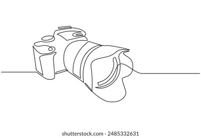 Camera single linear drawing. One line photography tool, minimal logo icon, fine line tattoo. Vector art illustration, Camera icon in continuous line drawing style. Line art of photo camera icon. 