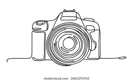 Camera single linear drawing. One line photography tool, minimal logo icon, fine line tattoo. Vector art illustration