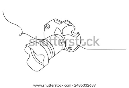 Camera single linear drawing. One line photography tool, minimal logo icon, fine line tattoo. Vector art illustration, Camera icon in continuous line drawing style. Line art of photo camera icon. 