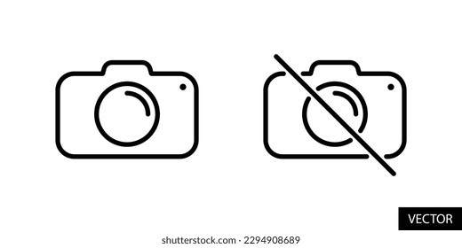 Camera and camera slash, camera not allowed, no photography concept vector icons in line style design for website, app, UI, isolated on white background. Editable stroke. EPS 10 vector illustration.