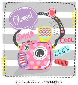  Camera smile  Vintage  vector  illustration  film Vintage character cartoon icon logo doodle  drawing.Funny graphic design.Retro Striped   white background.