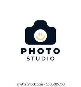 Camera with smiley or emoticon illustration for logo template design.