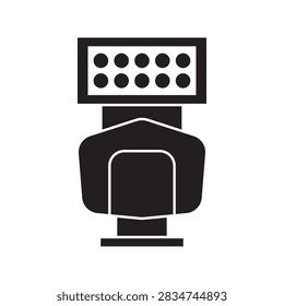 Camera speedlight flash unit front view black glyph icon vector illustration. External speedlite strobe light for DSLR camera hot shoe mounting.
