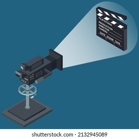 Camera with spotlight aimed at movie clapper. Equipment and elements of filming, movie creation. Professional camera for shooting video in film studio. Clapperboard as symbol of cinematograph