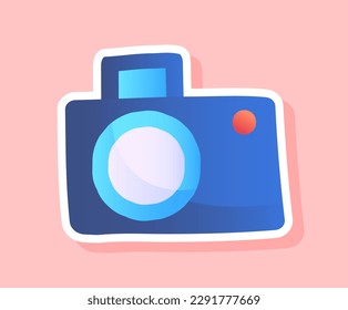 Camera sticker concept. Inventory of paparazzi and photographer. Device and gadget for photographing bright moments at holiday, memories. Cartoon flat vector illustration