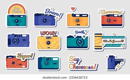 Camera stickers. Retro movie and photography camera badge, vintage film strip and photo accessory. Vector camera doodle set of photography camera illustration