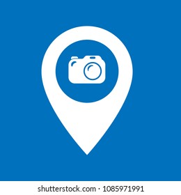 Camera store here, pinpoint white isolated icon.Camera store map marker pin, vector illustration.