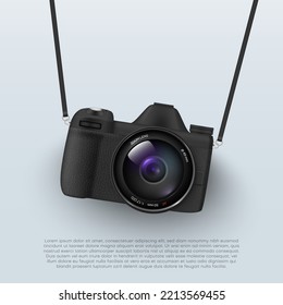 Camera with straps promo poster realistic vector illustration. Hanging modern photo video device shooting memory picture. Professional photographer equipment zoom lens compact technology advertising