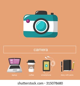 Camera. Student accessories icons for young modern people. Flat color vector illustration such as laptop, smartphone with earphones, camera, diary with pen and pencil and coffee to go.