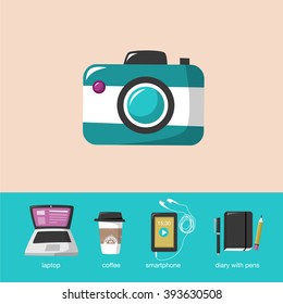 Camera. Student accessories icons for young modern people. Flat color vector illustration such as laptop, smartphone with earphones, camera, diary with pen and pencil and coffee to go.