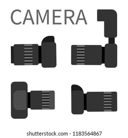 Camera studio photography equipment with zoom, analog gear with flash light vector illustration. Digital photocameras set with lens isolated on white