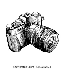 the camera in the style of Doodle. Hand-drawn vector illustration