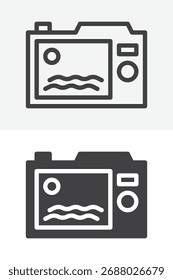 Camera with summer photo on screen different style icon set. Line outline and solid vector icon, editable stroke sign and symbol for travel.
