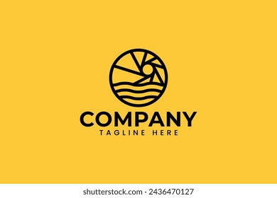 camera sunlight with sea wave outline logo design for hobby adventure sport business