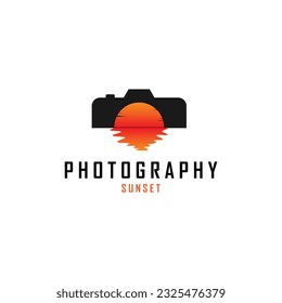 Camera with sunset icon. Design logo template for photography professional.