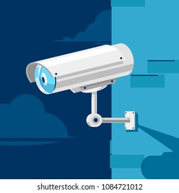 Camera surveillance video installed on the wall at night