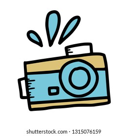 Camera symbol in doodle style. Hand drawn vector photography element isolated on white background. Color illustration.