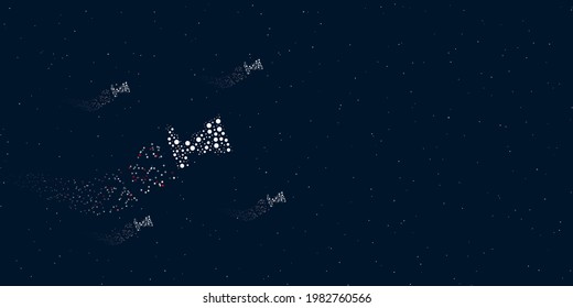 A camera symbol filled with dots flies through the stars leaving a trail behind. Four small symbols around. Empty space for text on the right. Vector illustration on dark blue background with stars