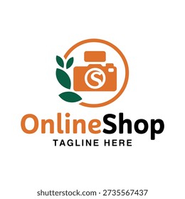 Camera symbol with green leaves inside an orange circle onlineshop text in bold below