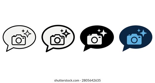 Camera symbol inside chat bubble vector set. Photography message concept with sparkles. Isolated flat design elements on background.