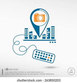 Camera symbol and keyboard. Line icons for application development on city background