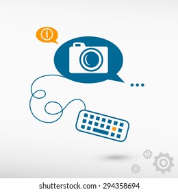Camera symbol and keyboard on chat speech bubbles. Line icons for application and creative process.