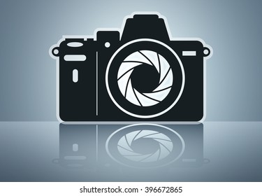 Camera symbol on blue and white background with reflection