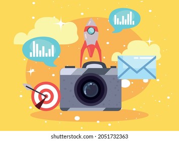 camera with symbols of digital marketing theme