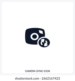 Camera Sync Icon solid vector icon with a bold, minimal design. Suitable for presentations, websites, apps, infographics, and various digital or print projects.