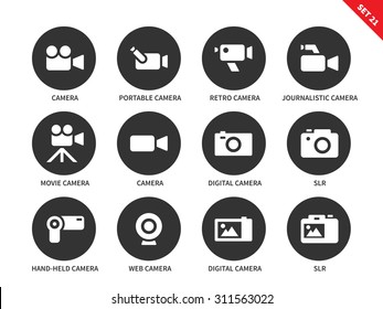 Camera and technology vector icons set. Movie and film industry eguipment, portable camera, retro camera, hand-held camera, web camer and slr. Isolated on white background