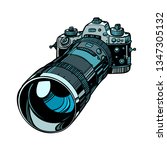 camera with telephoto lens isolate on white background. Comic cartoon pop art vector retro vintage drawing