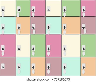 Camera temporary storage of things in the supermarket. Design with doors of different height and width and locks with keys with tags. Seamless pattern in pastel colors