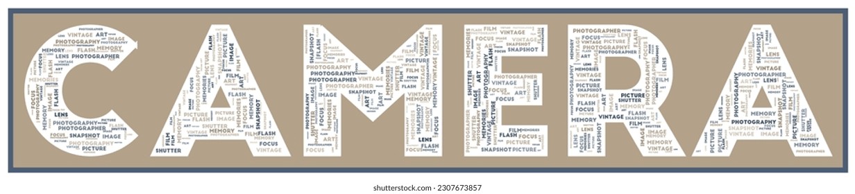 CAMERA text filled with related keywords of various sizes. Camera word cloud. Attractive vector illustration.