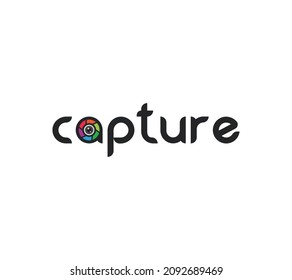 Camera text logo with capture, camera shutter, focus, flush, lens, photography logo