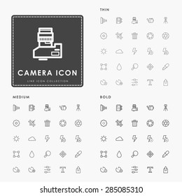 camera thin, medium and bold minimal line icons