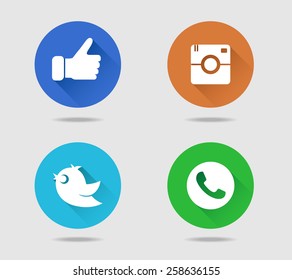 Camera, thumb, bird and telephone receiver flat icons with long shadow