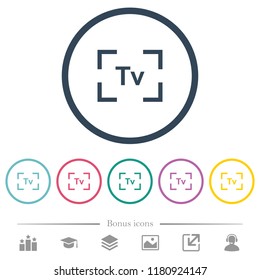 Camera time value mode flat color icons in round outlines. 6 bonus icons included.