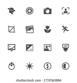 Camera tools flat icons in gray. Set of 16 pieces