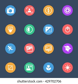 Camera tools flat icons set of 16