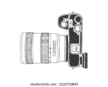 Camera top view. Modern camera. Camera and Lens Sketch. Hand-drawn image. Vector illustration