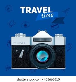 Camera and travel badge. Vacation travel background. Easy to edit design template.