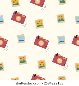 Camera and Travel Memories Pattern A seamless pattern featuring vintage cameras and polaroid-style photos of landscapes and beaches.