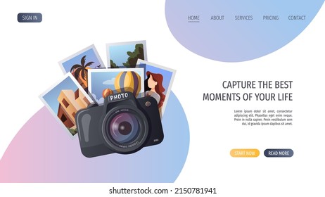 Camera   travel photos  Travel  tourism  adventure  journey  photography  memories concept  Vector illustration for banner  poster  website  advertising 