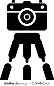 Camera tripod icon, black vector