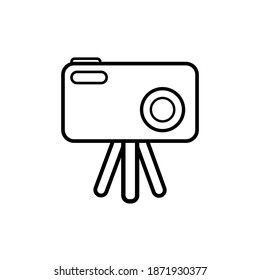 Camera with tripod icon on white background. Vector illustration in flat cartoon design. Use for website, banner, poster, graphic, app. 