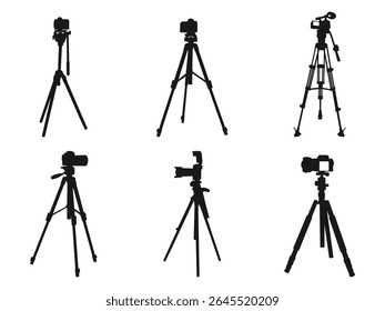 Camera tripod icon. Professional Photography Tripods with Camera Silhouettes. A silhouette of a camera on a tripod on a white background.	