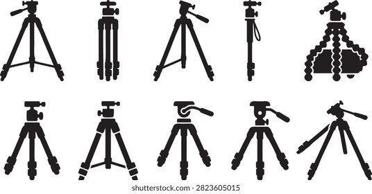 Camera tripod and monopod stands silhouette icons set