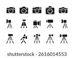 Camera and Tripod Silhouette Vector Icon Set  Photography Equipment Clip art for Designers.