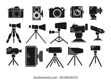 Camera and Tripod Silhouette Vector Icon Set  Photography Equipment Clip art for Designers.